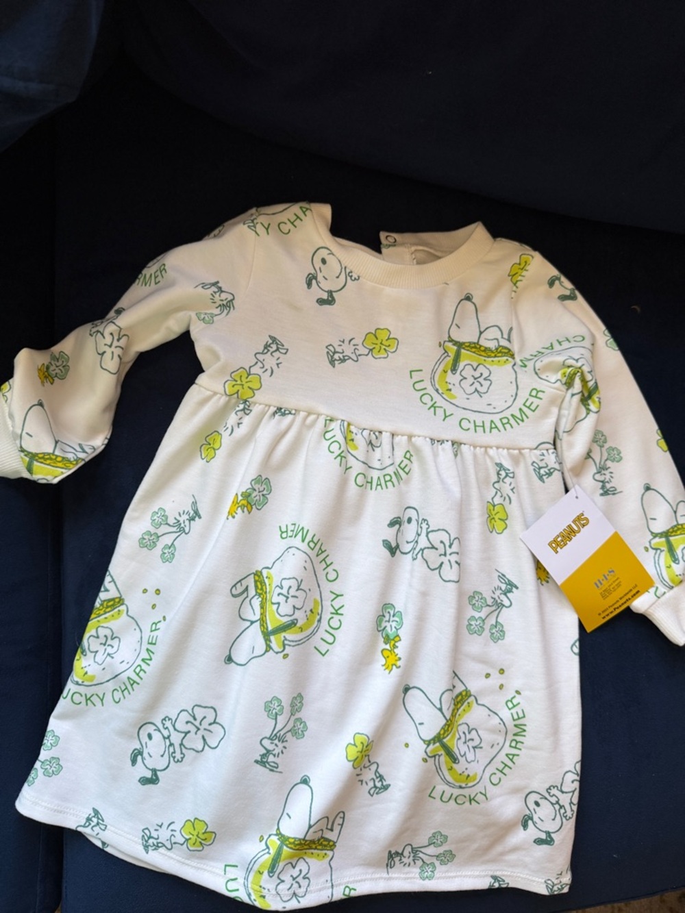 Peanuts Kids Dress Lucky Charmer White with Green and Yellow